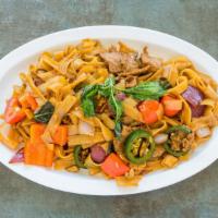 Drunkard’S Noodles “Pad Kee Mao” · Gluten free. Medium spice. Wide noodles stir fried with chili pepper, garlic, sweet basil an...