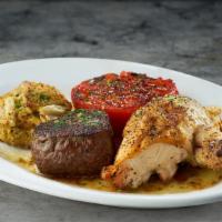 Mixed Grill* · three guest favorites - 4 oz filet, garlic herb cheese stuffed oven roasted chicken breast, ...
