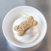 Dog Dish · A kids scoop of vanilla with a dog treat on top.