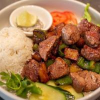 Shaken Beef · Vietnamese style filet mignon cubed steak. Sauteed with soy based marinade bell peppers, oni...