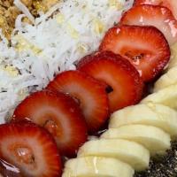 Strawberry Banana Acai Bowl · topped with granola, coconut, strawberry, banana, chia seeds, & honey.