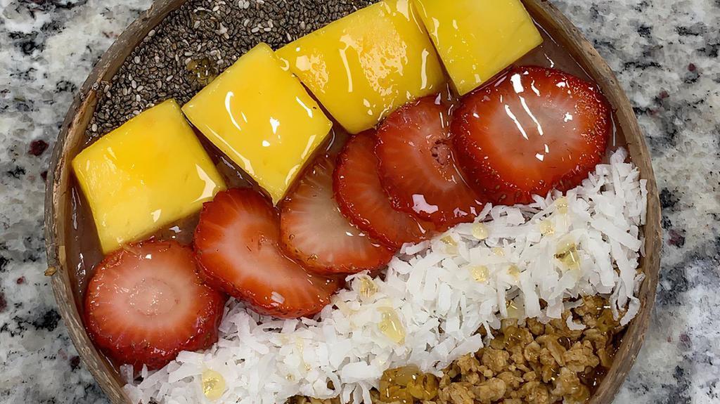 Mango Acai Bowl · topped with granola, coconut, strawberry, mango, chia seeds, & honey.