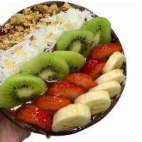 Divine Acai Bowl · topped with granola, coconut, strawberry, banana, kiwi, chia seeds, & honey.