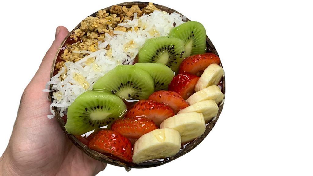 Divine Acai Bowl · topped with granola, coconut, strawberry, banana, kiwi, chia seeds, & honey.