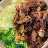 Teriyaki Steak Rice Bowl · Teriyaki steak, steamed broccoli, steamed cabbage, steamed rice.