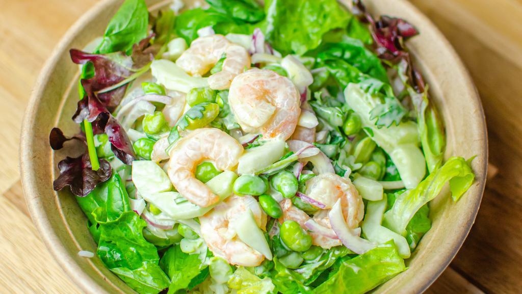 Wasabi Shrimp · Steamed shrimp, greens edamame, cucumber, cilantro, red onions, wasabi aioli.
