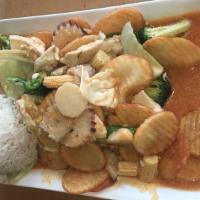 Vegetable Curry · Mild/mild+, vegan. Broccoli, baby corn, peapod, cabbage, water chestnut, carrots, and eggpla...