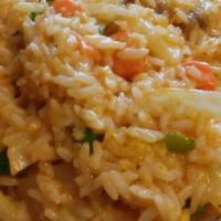 Cheesy Fried Rice · Mild/mild+. Thai style fried rice with peas, carrot, white onion, green onion, and egg in ch...