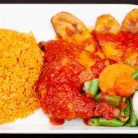 Stewed Chicken Meal · Baked Chicken, stewed and served with your choice of jollof, fried or stewed rice alongside ...
