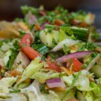 Fattoush Salad · Cucumber, chopped parsley
lettuce, tomato, onions, mint, green
pepper,toasted pita bread, sp...