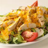 Grilled Chicken Salad · Marinated strips of grilled chicken, lettuce, tomatoes, onions, green peppers, mushrooms and...