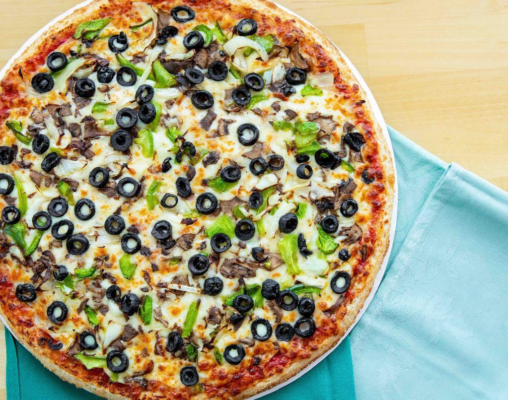 Veggie Pizza · Mushrooms, onions, green peppers, black olives and mozzarella cheese.