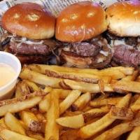 Steak Sliders W/Fries · Three tender filets on slider buns with mozzarella, grilled onions,and mushrooms with a side...