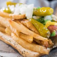 Sporty'S Dog · Vienna Dog on a poppy seed bun with mustard, onion, relish & sport peppers topped with a han...