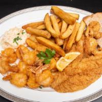 Large Shrimp & Tilapia · Six large shrimp and two tilapia fillet combo meal.