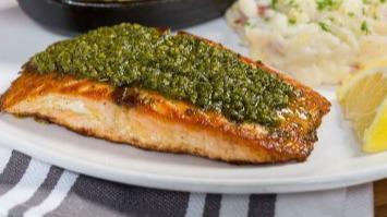 Grilled Salmon Dinner · Lemon herb or basil pesto.
With sautéed baby spinach and choice of two sides.