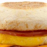 Egg Muffin · Sausage patty, one egg topped with American cheese, hash brown patty.