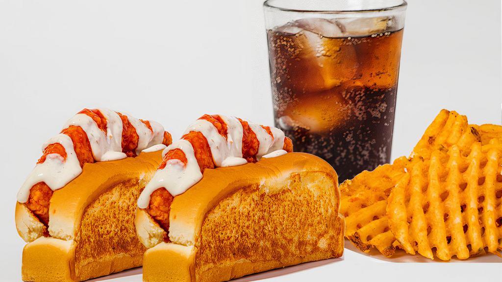 2 Tender Sandwich Meal · Crispy Tender on a Top-Split Butter Toasted Bun, Regular Waffle Fries, and a Drink! 884-1698 cal.