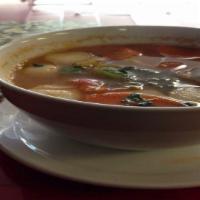 Tom Yum Soup · Chicken, shrimp, bok choy (Chinese cabbage), fish ball, carrot slices and tom yum flavoring ...