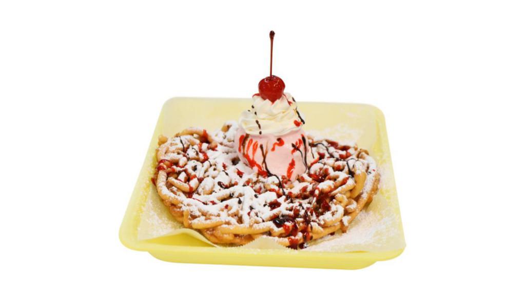 Funnel Cake · A crisp, deep fried cake topped with powdered sugar, whipped cream, strawberry and chocolate syrup (with out ice cream)