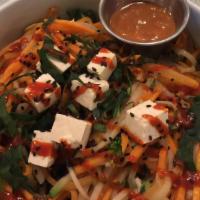 Spicy Kimchi Bi Bim Bop · Steamed brown rice over steamed tofu, veggies and amazing amitabul home made kimchi, 
Side o...