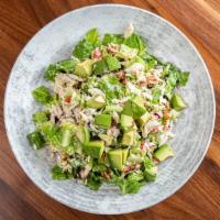 Tossed Chicken Cobb · avocado, tomato, bacon, hard boiled egg, red onion, romaine, ranch dressing