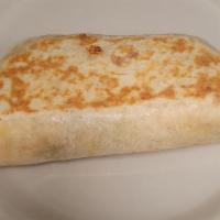 Breakfast Burrito · Warm burrito stuffed with scrambled eggs, ground sausage, green peppers, onions, sausage gra...