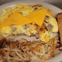 Meat & Cheese · 3 eggs with your choice of bacon, sausage or ham topped with American cheese.