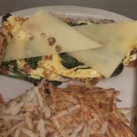 Bacon & Spinach · 3 eggs with bacon, spinach, tomatoes and topped with swiss cheese.
