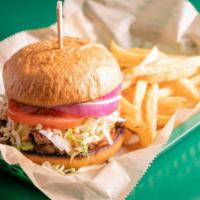 Shamrock Club Burger · Two smashed burger patties of seasoned ground beef with shredded lettuce, tomato, onion, pic...