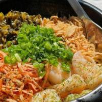 Chilled Ramen · chilled noodles / brothless / sesame dressing / shrimp / surimi / mustard greens / negi / fr...