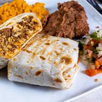 Breakfast Burrito · Served with rice, beans & pico de gallo