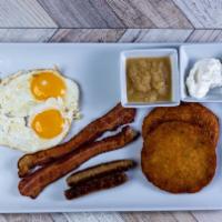 Club #5 · 2 eggs, 2 potato pancakes, 2 strips of bacon & 2 sausage links