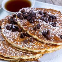 Chocolate Chip Pancakes · Rich chocolate chips mixed in the batter and topped with whipped cream.