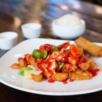 Sweet And Sour Chicken · Breaded chicken deep fried with pineapple chunks, onions, green peppers, and carrots. Served...