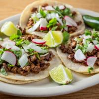 3 Taco Dinner · Choice of meat: chicken, shredded beef, ground beef, al pastor or veggie. Topped with lettuc...