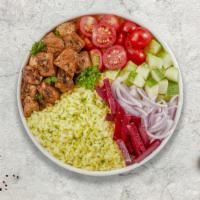 The Empire Of Chicken Bowl · Chicken, tomatoes, onions, mixed greens, and white rice.