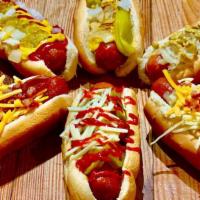 Cheesy Bacon Delight · Huge quarter pound hot dog (twice the size of your typical backyard hotdog, on a soft bun wi...