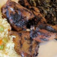 Chicken, Dried Rice / Liberian Style Dried Rice · Chicken quarter marinated overnight then oven-roasted. Served with dried rice (rice mixed wi...