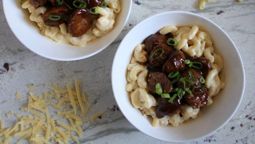 Bbq Meatball Macaroni & Cheese · Topped with hand rolled BBQ beef meatballs and scallions.