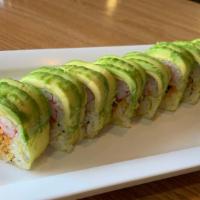 Hawail Roll · Hot and spicy. Sweet potato tempura, avocado inside, wrapped with soy paper crab on top.