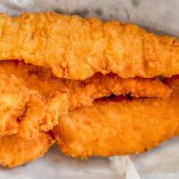 Chicken Strips · Tender pieces of chicken lightly breaded and deep-fried.