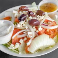 Greek Salad · Vegetarian. Lettuce, tomatoes, onions, feta cheese, olives, tzatziki sauce, and greek dressi...