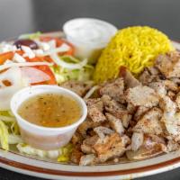Chicken Gyro Platter · Traditional chicken gyro slices grilled with onions.