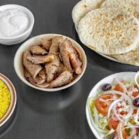 Gyros Grill Family Pack · (Serves 4) 1.5 lbs gyro meat, greek salad, rice, tzatziki sauce, and 4 pita bread.