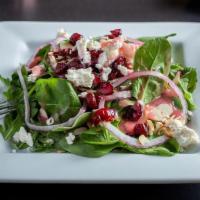 Cranberry Goat Cheese Salad - Small · Baby spinach and arugula with dried cranberries, red onion, roasted almonds and crumbled goa...