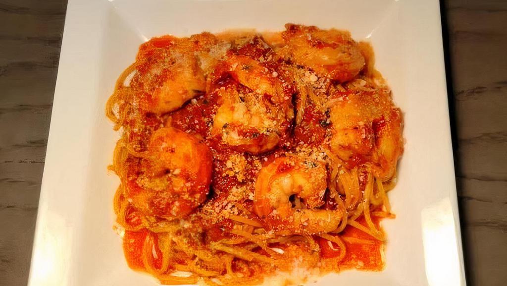Gamberi Alla Diavola (Spicy) · Sautèed shrimp with red pepper flakes, Pomodoro sauce over spaghetti topped with Romano cheese