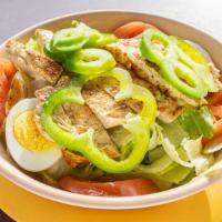 Chicken Breast Salad · Fresh grilled chicken breast, lettuce, tomatoes, cucumber, green pepper, onion, and a hard-b...
