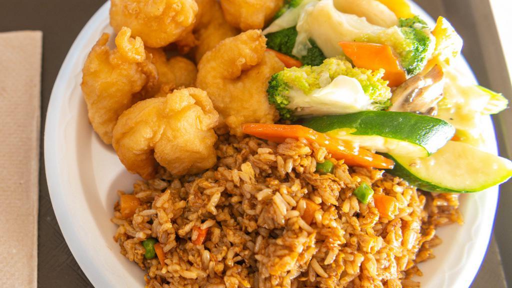 Shrimp Combo · Fried Shrimp or Kung Pao Shrimp, Fried Rice  & Mixed Vegetables.