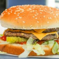 Double Cheese Burger · 1/2 lb. onions, lettuce, pickle, ketchup, and mustard.